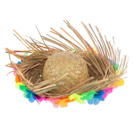 Hawaiian Tiki Straw Party Hat with Colorful Flower Trim