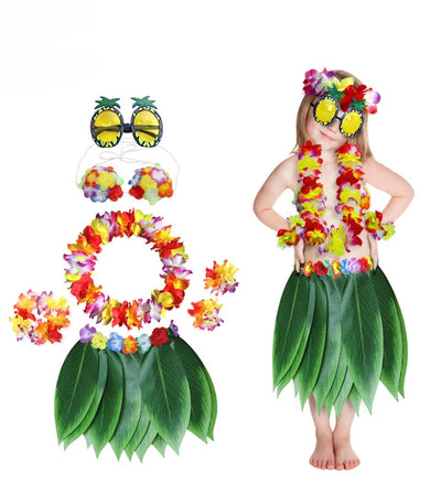 Hawaiian Hula Skirt Set with Pineapple Glasses for Kids and Adults