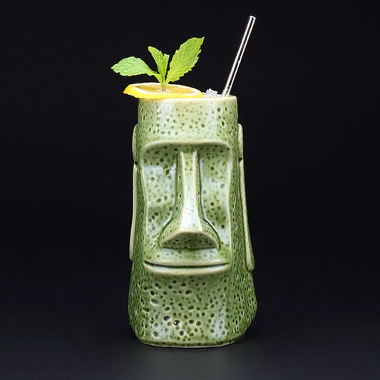 Moai Head Tiki Mug Green Ceramic Cocktail Cup