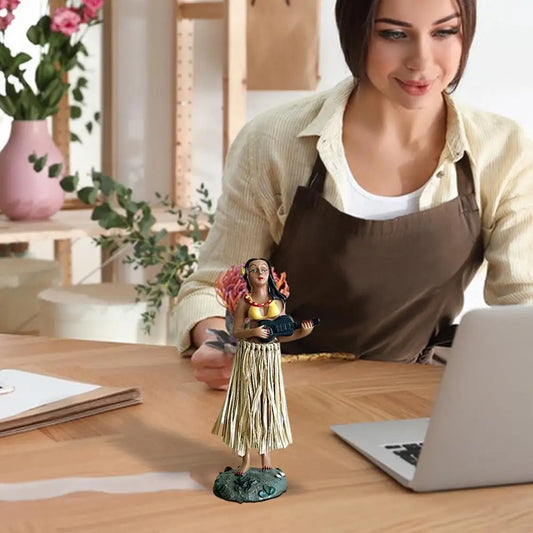 Hula Girl Dashboard Figure with Natural Grass Skirt – 16cm
