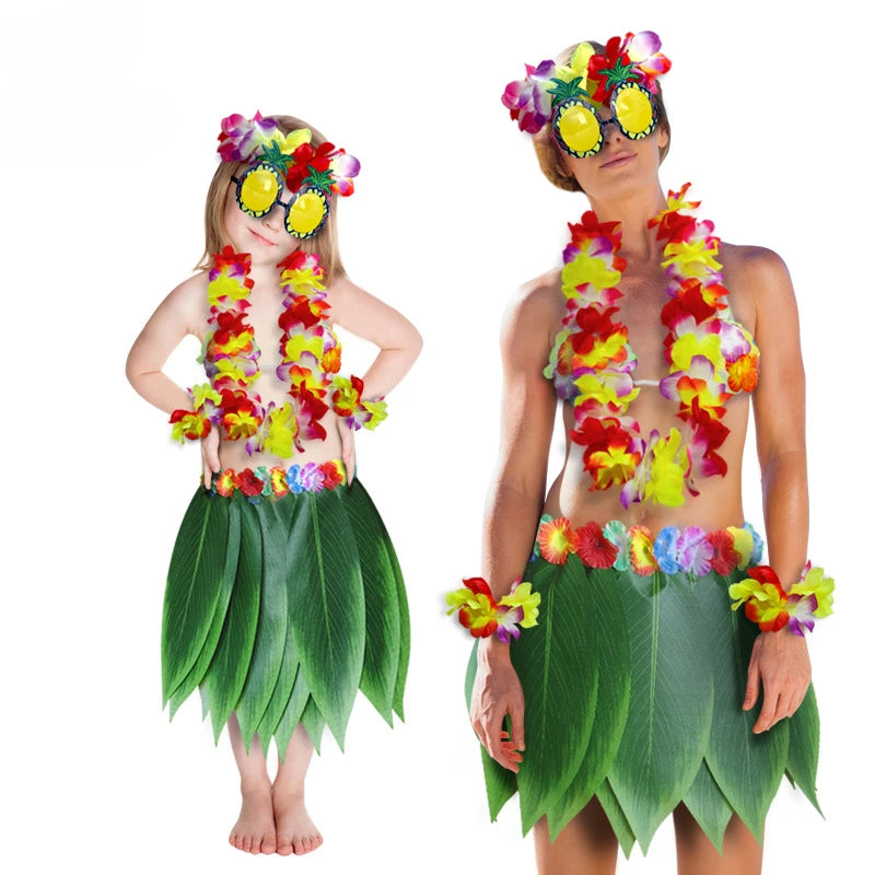 Hawaiian Hula Skirt Set with Pineapple Glasses for Kids and Adults