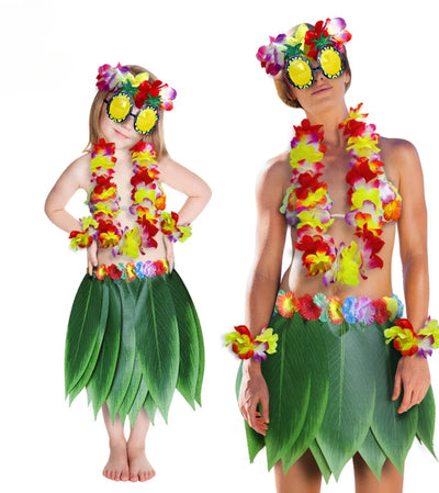 Hawaiian Hula Skirt Set with Pineapple Glasses for Kids and Adults