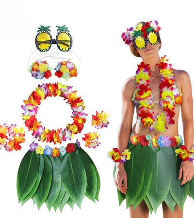 Hawaiian Hula Skirt Set with Pineapple Glasses for Kids and Adults