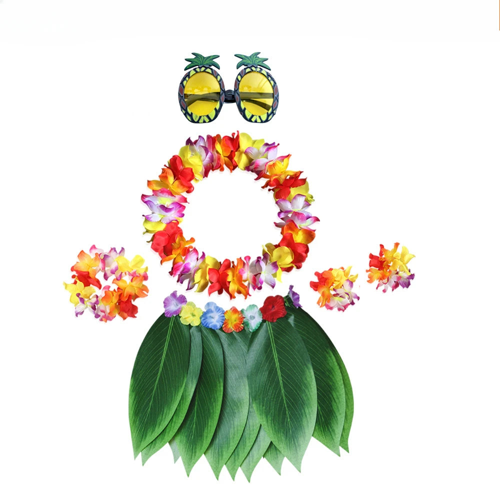 Hawaiian Hula Skirt Set with Pineapple Glasses for Kids and Adults