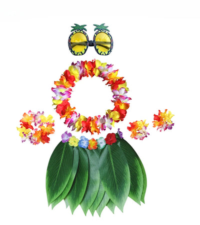 Hawaiian Hula Skirt Set with Pineapple Glasses for Kids and Adults
